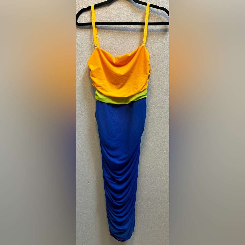 SIMON MILLER Jota Mesh Midi Bodycon Dress Color Block Yellow Blue Sz Medium - Picture 2 of 9